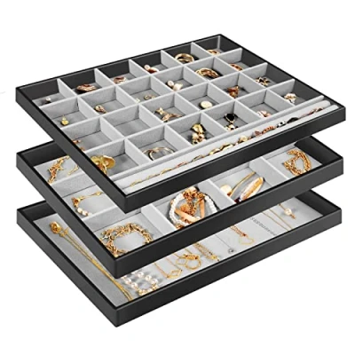 Imagen de Procase 3 Bandejas Organizadora para Joyería, Apilables Cajón Tocador Armario, Exhibidor de Collares Pendientes Pulseras Anillos Relojes, Regalo Ideal Mujeres y Niñas Negro