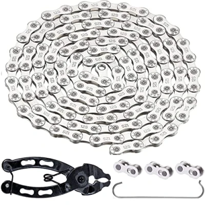 Imagen de YBEKI Cadena de Bicicleta 9/10/11/12 Velocidades 1/2 x 11/128 Pulgadas 116 Enlaces para Carretera, MTB (Plata 12 Velocidades)
