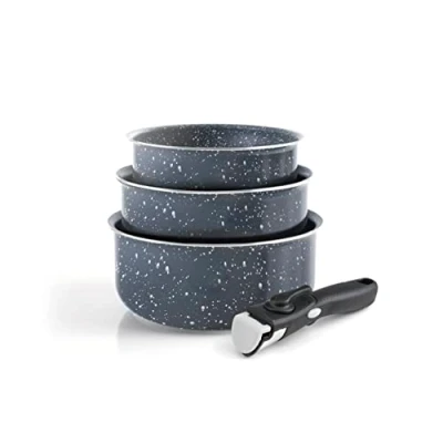 Imagen de Qulinart by Brandt Batería de cocina para inducción (4 piezas, 3 sartenes aluminio antiadherentes, 16, 18 y 20 cm, con mango extraíble, lote todo fuego, color gris mármol
