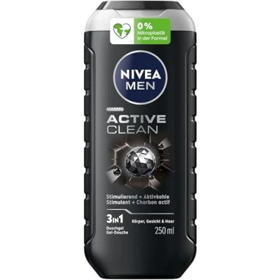 Imagen de NIVEA MEN Active Clean gel de ducha (250 ml), pH neutro para la piel con fragancia masculina, hombres carbón activo cuerpo, cara y cabello