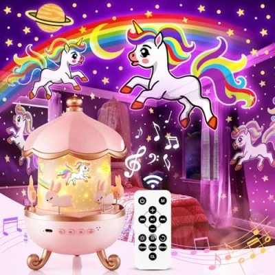 Imagen de One Fire Proyector Bebes Luces y Musica para Niña,8 Música Dormir Luz Nocturna,360Rotación Lampara Estrellas Control Remoto Bebe Noche,Proyector Infantil Regalos Habitacion