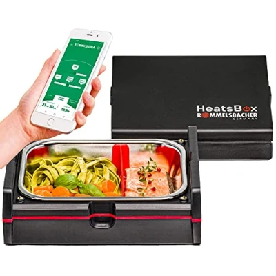 Imagen de Rommelsbacher Fiambrera calefactable HB 100 Heatsbox para calentar alimentos, selección de tiempo, cuenco acero inoxidable (925 ml), tapa transporte, controlada mediante aplicación y manual,
