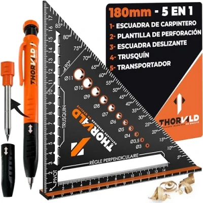 Imagen de Escuadra de Carpintero Multifunción 180mm: Escuadra, Regla, Transportador, Guía Perforación, Trazador y con Lápices Carpintero. Precisión Profesionalismo en uno!