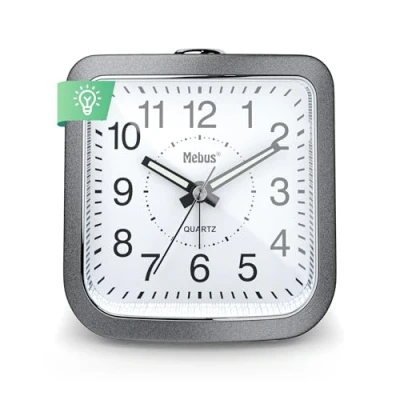 Imagen de Mebus Despertador de Cuarzo, silencioso, sin tictac, manecillas Luminosas, Alarma con repetición Alarma, Esfera iluminada Solo Pulsar un botón, Color Gris y Plateado,