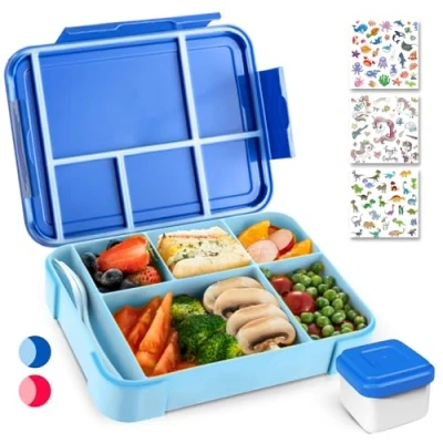 Imagen de PUWOWYE Fiambrera para Niños con Compartimentos, Lunch Box, Bento Box a Prueba de Fugas 1330 ml Niños, Lonchera y Niñas, Apta Colegios, Guarderías Picnics, sin BPA (Azul)
