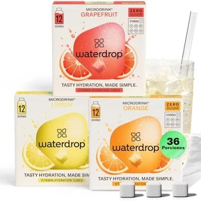 Imagen de waterdrop® Mix Sabores de Frutas, 36 Pastillas Saborizantes Para Agua, Bebidas Sin Azúcar, Agua: Naranja, Limón, Pomelo, Refresco Instantaneo, Sobres