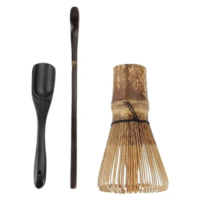 Imagen de BambooMN juego de batidores matcha Black Chasen (batidor té) + Chashaku negro (cuchara bambú enganchada) cuchara profunda negra 1