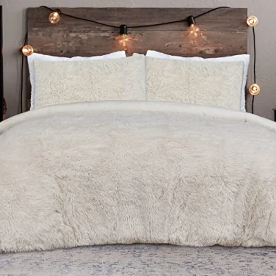 Imagen de Sleepdown Juego de Funda edredón Reversible Piel sintética Color Crema, con Fundas Almohada térmicas, cálidas, acogedoras, súper Suaves, fácil Cuidado, para Cama Doble (200 x 200 cm)
