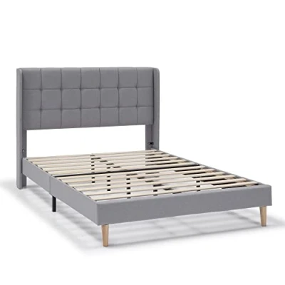 Imagen de HOMN LIVING Estructura de Cama tapizada Esther 30 cm, Base para colchón, Somier láminas Madera, Montaje Sencillo, 135/140x190 Gris Claro