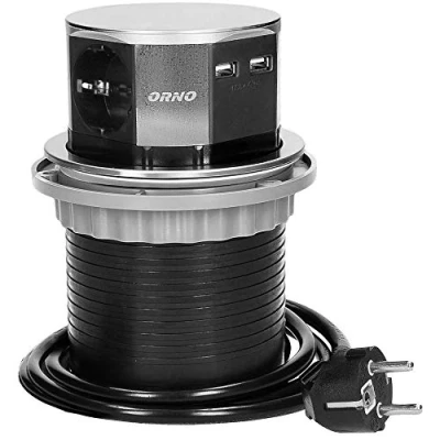 Imagen de Orno AE 1381(GS) Enchufe Multiple Retractible con 3 Tomas + 2X USB 3650W MAX Ø 10 cm Cable Schuko de 1,5 m Plateado
