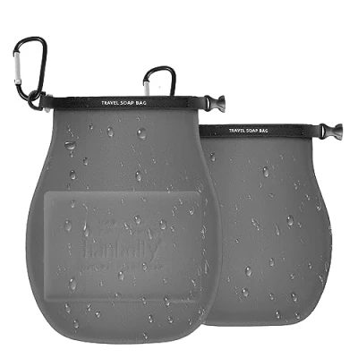 Imagen de Paquete de 2 recipientes viaje para jabón, bolsa jabón portátil, soluciones viajes, baño, ducha, gimnasio con barra gris, 21.7*19.7*1.8CM, moderno