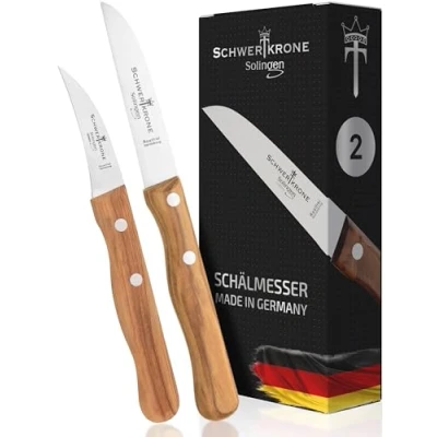 Imagen de Schwertkrone 2 Cuchillos para fruta y verdura madera de olivo pelador Mondadores, Acero Inoxidable