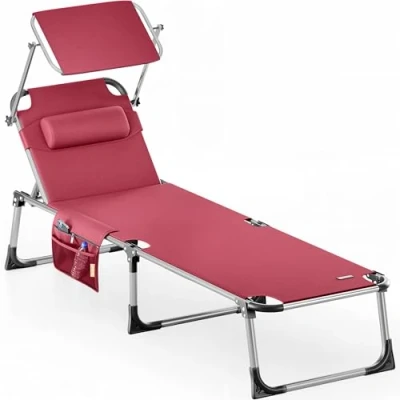 Imagen de CASARIA® Tumbona Playa Plegable Parasol hasta 180kg 210cm Respaldo Regulable Resistente Intemperie Jardín Rojo