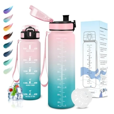 Imagen de Motswedi Botella Agua, 1000ml sin BPA, de Reutilizable, Cantimplora, con Marcador Tiempo, Agua Gimnasio, para Niños, Deporte, Running, Bicicleta, Rosa Verde