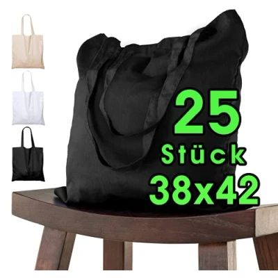 Imagen de ELES VIDA bolsa de algodón 38x42 cm 25 piezas sin imprimir, dos asas largas con certificación OEKO TEX® tela, transporte, algodón, compras, yute, Negro
