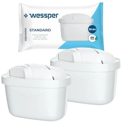Imagen de Wessper Cartucho de filtro agua compatible con jarra Brita Maxtra, carbón activo y resina intercambio lona, cartuchos 2 unidades