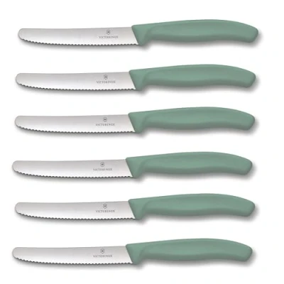 Imagen de Victorinox cuchillo de mesa Swiss Classic, 6 unidades, color verde menta, filo ondulado extraafilado, fabricado en Suiza, ideal también como para panecillos