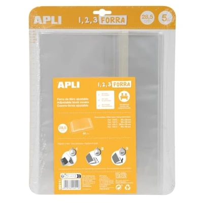 Imagen de APLI 16911 Forro de libros con solapa ajustable polipropileno. Medida 28,5 x 53 cm, 75 µ. Pack 5 u.