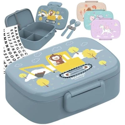 Imagen de BEARFOOT fiambrera infantil con compartimentos, sin BPA, fiambrera, caja bento, panera, para niñas y niños, 100% estanca, guardería, escuela (mono excavadora)