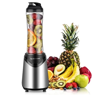 Imagen de La Reveuse Smoothies Blender Licuadora de tamaño personal 300 vatios con botella portátil 18 onzas sin BPA, para viajes, deportes, color plateado