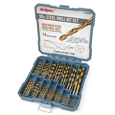 Imagen de Hi Spec Juego de Brocas 99 Piezas. Set Acero Recubiertas en Titanio HSS.Para Taladrar y Perforar Metal, Hormigon, Madera. Accesorio ideal para Taladro Electrico Caja Herramientas
