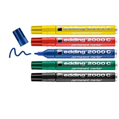 Imagen de edding 2000 C marcador permanente rojo, azul, verde, amarillo, negro juego de 5 punta redonda indeleble secado rápido resistente al agua y a los borrones cartón plástico madera metal