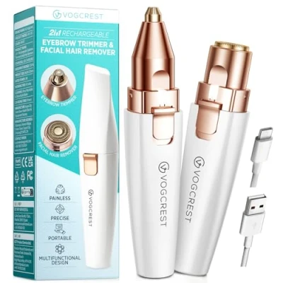 Imagen de VG VOGCREST Recortador facial de cejas: 2 en 1, recargable, depilación y afeitadora cejas, sin dolor para cara, labios cuerpo, con luz LED integrada (Blanco)