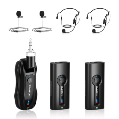 Imagen de KIMAFUN Micrófono Lavalier y Diadema Inalámbrico 2.4G para 2 Personas, Solapa Amplificar Enseñanza en Clase, Reunión, Entrevista, Discurso, Seminario, G70(2TX+1RX)