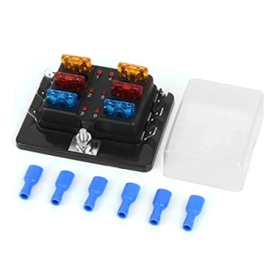 Imagen de Jtron caja de fusibles para coche, 12 V, 6 compartimentos, incluye estándar fusibles, portafusibles con indicador LED, cubierta protectora barco, camión