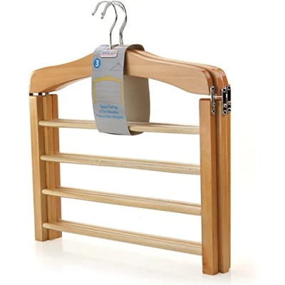 Imagen de Hangerworld Paquete de 3 Perchas Madera para Pantalones, Organizador Multifuncional Almacenamiento Ropa 4 Niveles con Barras Antideslizantes
