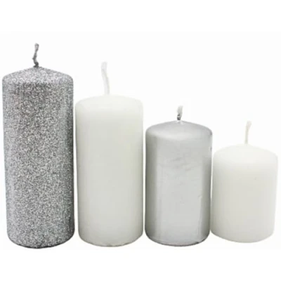 Imagen de velas escalonadas, de adviento, con forma corona en plata y blanco, 4 tamaños: 5 a 10 cm alto, diámetro cada una, 280 g