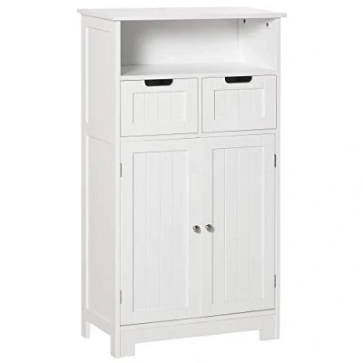 Imagen de kleankin Armario de Baño con 2 Puertas Estante Ajustable Cajones y Compartimento Abierto Mueble Auxiliar Almacenaje para Salón Cocina 60x30x108,8 cm Blanco