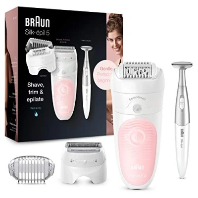 Imagen de Braun Silk épil 5 Depiladora Eléctrica Mujer 3 en 1 con Tecnología Micro Grip, Cabezal de Afeitado y Recorte Perfilador Línea Bikini, Uso Seco Mojado, Inalámbrica, 820, Blanco/Rosa