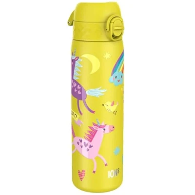 Imagen de ion8 Botella de Agua Acero Inoxidable, 600ml, a Prueba Fugas, Fácil Abrir, Aptas para Lavavajillas, Cerradura Segura, Asa Transporte, Limpiar, Diseño en Relieve, Unicornios Amarillo