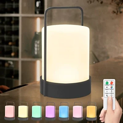 Imagen de lámpara de mesa para exterior con batería, metal, LED, exterior, recargable por USB, regulable, portátil, inalámbrica, RBG, 8 colores mesa, bar, terraza, salón