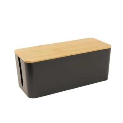 Imagen de Intirilife Caja para Cables con Tapa de bambú en Negro 32 x 12.5 13.5 cm gestión Cables, Organizador Ocultar y enchufes