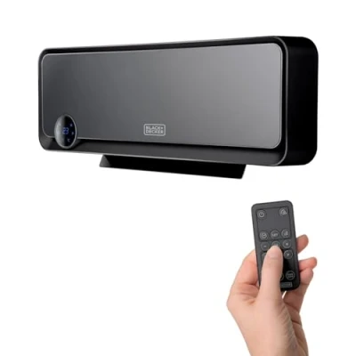 Imagen de Black+Decker BXWSH2000E Calefactor cerámico de pared apto para baños con termostato electrónico, programador, temporizador y mando a distancia, pantalla LED, sistema PTC oscilación automática, Negro, Talla Única