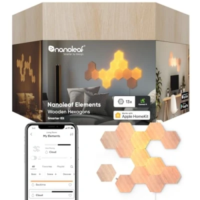 Imagen de Nanoleaf Elements Kit de Inicio 13 Hexágonos Luminosos Led Efecto Madera, Apliques Pared Interior Modulares, Luces Inteligentes Regulable WiFi, Compatible Alexa, para Decoración Habitación