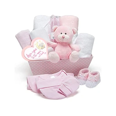 Imagen de Cesta de Recién Nacido, Rosa Bebé Nacido Niña Envuelta en Tela Gasa con Osito, Patucos, Body, Babero, Gorro, Manta, Toalla Capucha y Placa