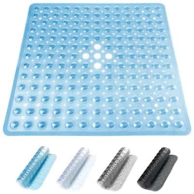 Imagen de ADOV Alfombra de Ducha Antideslizante, 53 x cm Resistente al Moho Bañera con Ventosa, Lavable Máquina Antibacterial Alfombrillas Baño Orificios Drenaje para Niños y Ancianos Azul