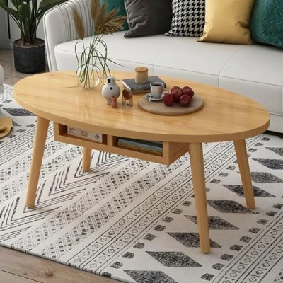 Imagen de Mesa de Centro Ovalada, con Patas Madera Maciza, Auxiliar Moderna Madera, Cubo Mesa, para Central Sala Estar,C,100 * 50 43cm