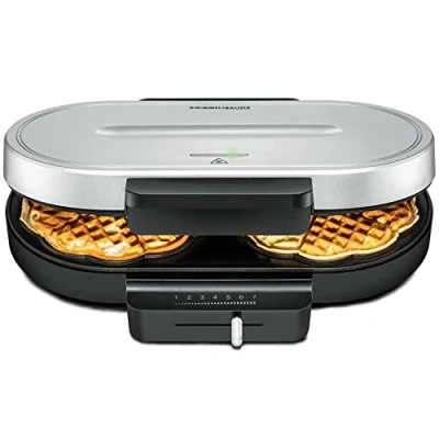 Imagen de ROMMELSBACHER Waffel Automat WA 1250 Máquina para 2 gofres de corazón, 16 cm diámetro, revestimiento antiadherente, regulable, W, color negro y plateado