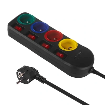 Imagen de Maclean MCE508 Regleta de 4 Enchufes Tipo E con 2 Puertos USB (A y C) 5V/3.1A QC 2.0, C 18W PD Toma Múltiple, máx. 2500 W 10 A Cable 1,5 m (Negro/Multicolor)