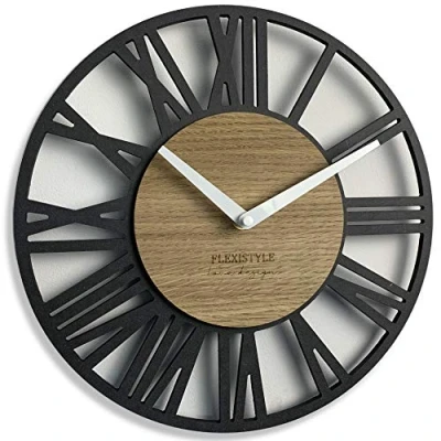 Imagen de FLEXISTYLE EKO Loft Piccolo Reloj de Pared sin Ruido tictac, 30 cm, para salón, Dormitorio, (Gris y Roble)