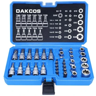 Imagen de DAKCOS Juego de 34 Llaves Vaso Torx, Torx Interior E4 E7 1/4&quot; y E8 E20 3/8&quot;, Exterior T10 T60 Bit T55 5/16&quot;