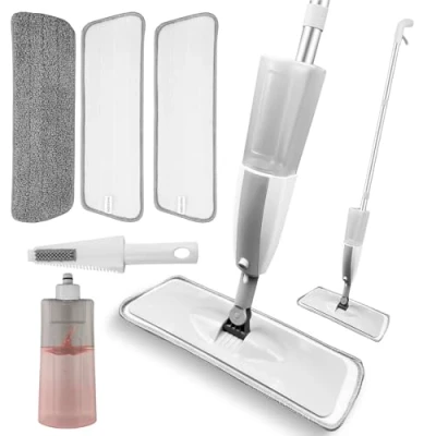 Imagen de Dunkwckore Mopa Fregona con Pulverizador, Mopas Limpieza Suelos 3 Almohadilla de Microfibra y 410ml Botellas Recargables, Pulverizador para Hogar, Cocina, Industrial, Azulejos, Laminados