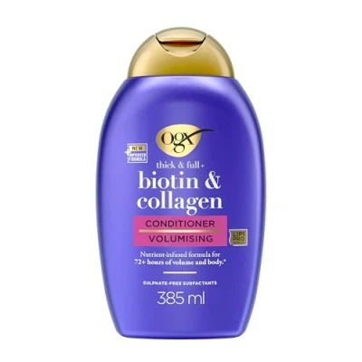 Imagen de OGX Biotin &amp; Collagen Thick Full+ Conditioner (385 ml), acondicionador voluminizador de biotina y colágeno, texturizador cabello con 72 h volumen, sin sulfatos