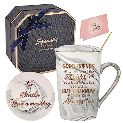 Imagen de DONGSHANGIFT regalos de cumpleaños para mejores amigas mujeres Buenos amigos son como estrellas Taza amistad café mármol cerámica Caja 420ML gris