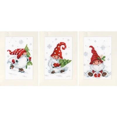 Imagen de Vervaco Kit Carte de voeux Gnomes Noël Lot 3, algodón, Blanc, ca. 10,5 x 15 cm / 4,2&quot; 6&quot;