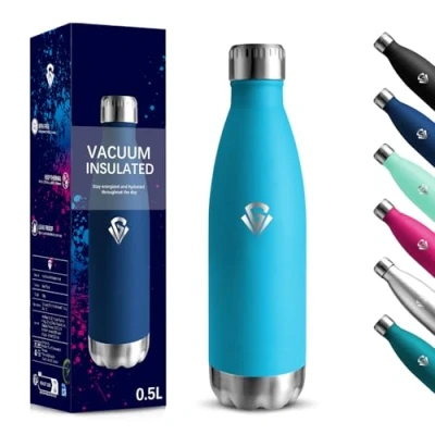 Imagen de Botella Agua Acero Inoxidable, 500 ml Libre de BPA, Termica, 18/8 Botellas Agua, Aislamiento al Vacío Boble Pared, Cantimplora para Cámping, Escuela Azul cielo